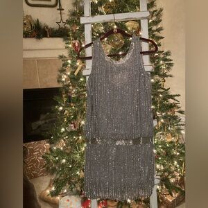Adrianna Papell Shimmering Silver Midi Dress Size 6